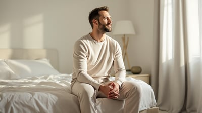 A man in a long-sleeve henley sits on the edge of a made bed in soft morning light