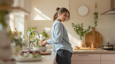 A woman rinses green beans at a bright kitchen counter during a calm morning routine