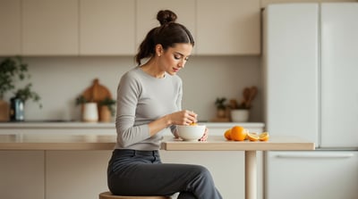 A woman in a blue knit top peels an orange at a bright kitchen counter