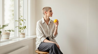 A woman sits on a stool beside a kitchen window holding a lemon