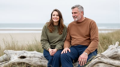Two friends sit together on a driftwood log above a quiet beach