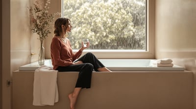 A woman sits on the edge of a bath in a calm bathroom with a glass of water