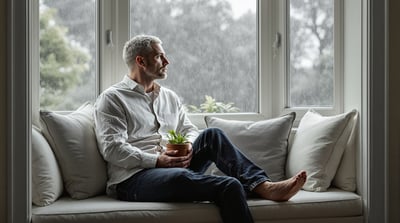 A man sits on a window seat holding a pot of seedlings