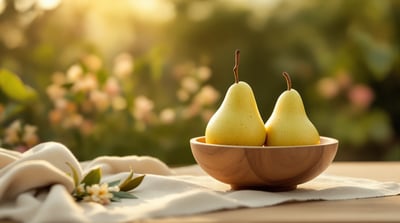 Two ripe pears in a plain wooden bowl, a close view
