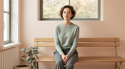 A woman in a sage top and charcoal trousers sits on a bench beneath a window