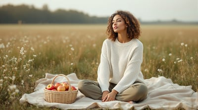 A woman sits on a blanket in a meadow beside a basket of apples