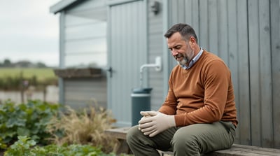 A man sits on a bench beside an allotment shed holding gardening gloves