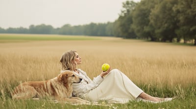 A woman sits on the grass beside a dog in a meadow holding a tennis ball