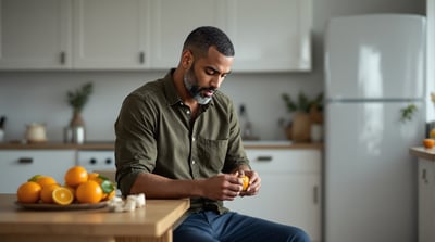 A man sits at a plain kitchen table peeling an orange