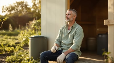 A man sits on a bench beside an allotment shed holding gardening gloves