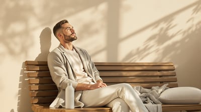 A man resting on a wooden bench in warm light, water bottle at his side