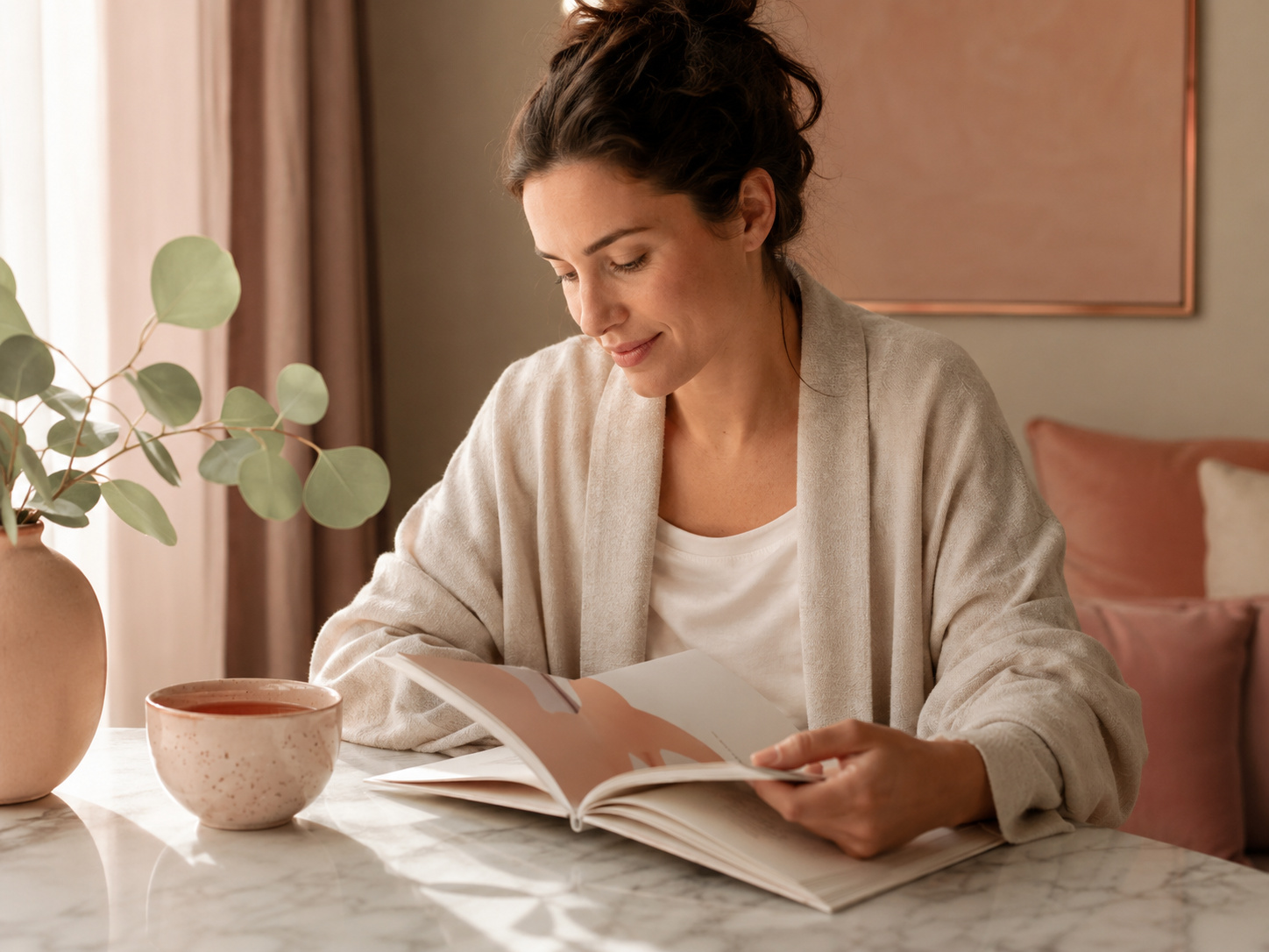 A woman seated at a marble table reads a booklet over a cup of tea, eucalyptus stems in a vase beside her