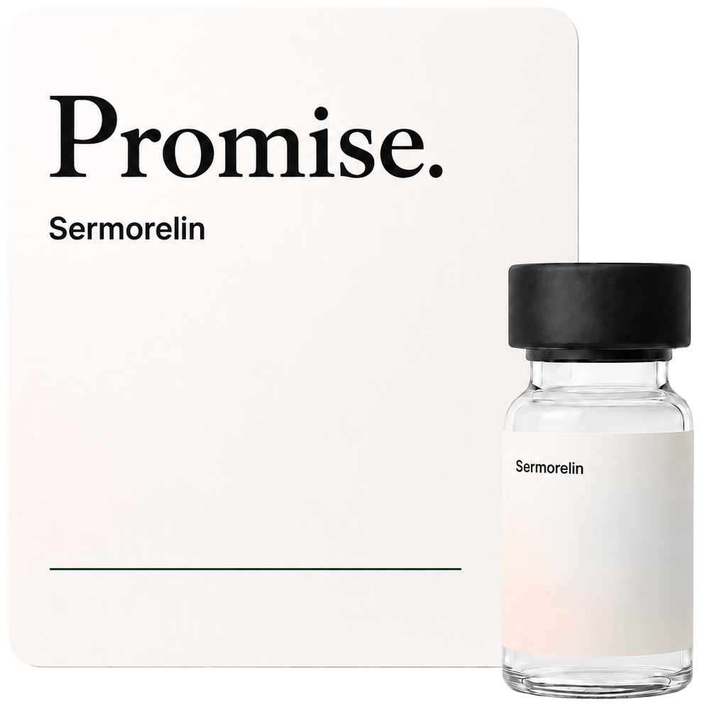 A sermorelin vial beside its specification card — an example of a compounded medication prepared by a licensed pharmacy against an individual prescription