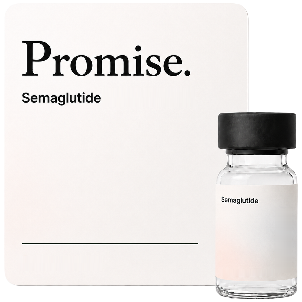 Semaglutide vial beside a Promise product card
