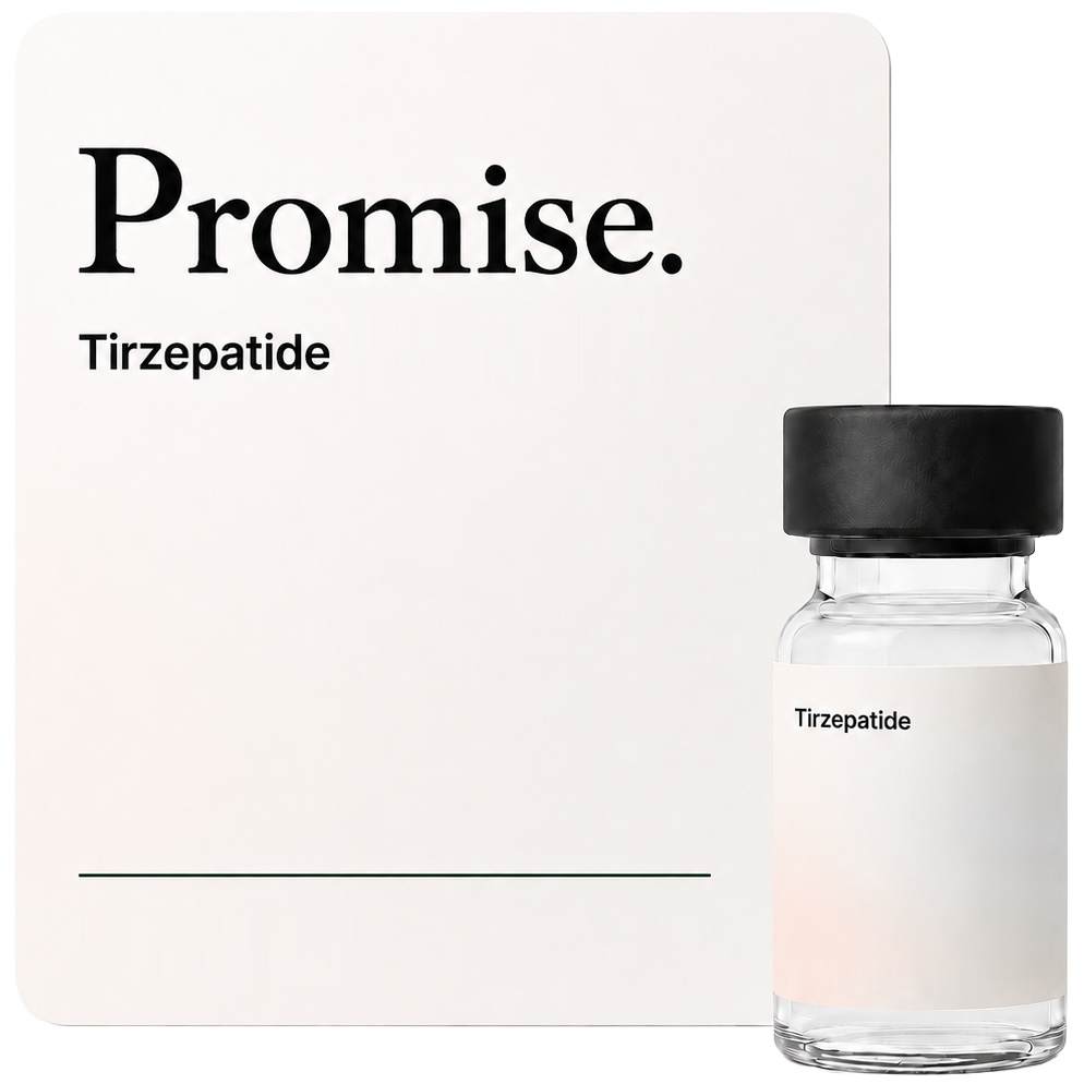 Tirzepatide vial beside a Promise product card