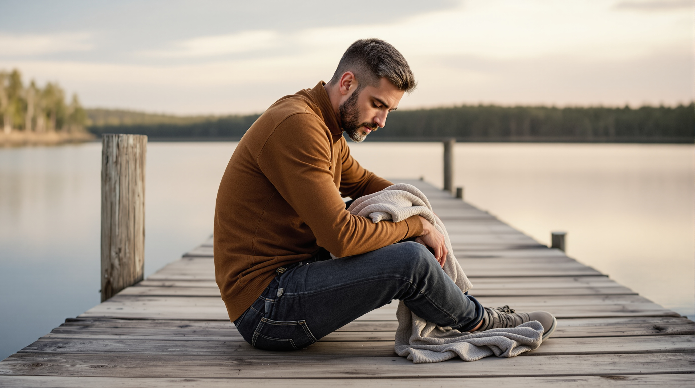 A man sits at the end of a lakeside dock with a folded scarf