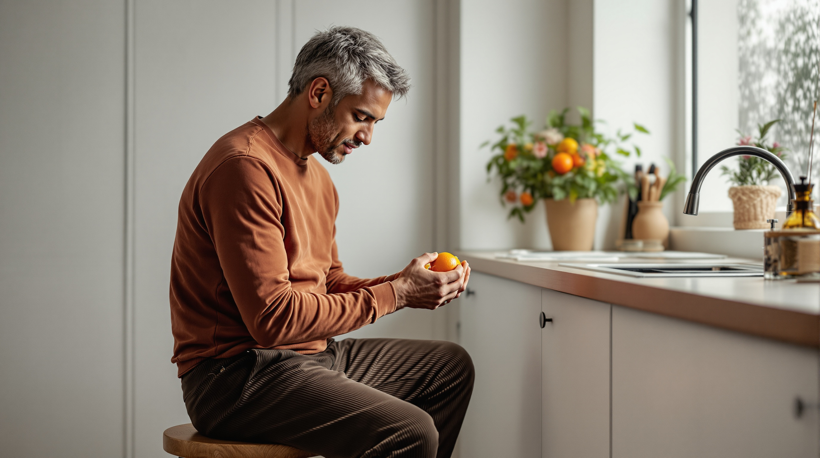 A man sits on a stool beside a kitchen window peeling an orange