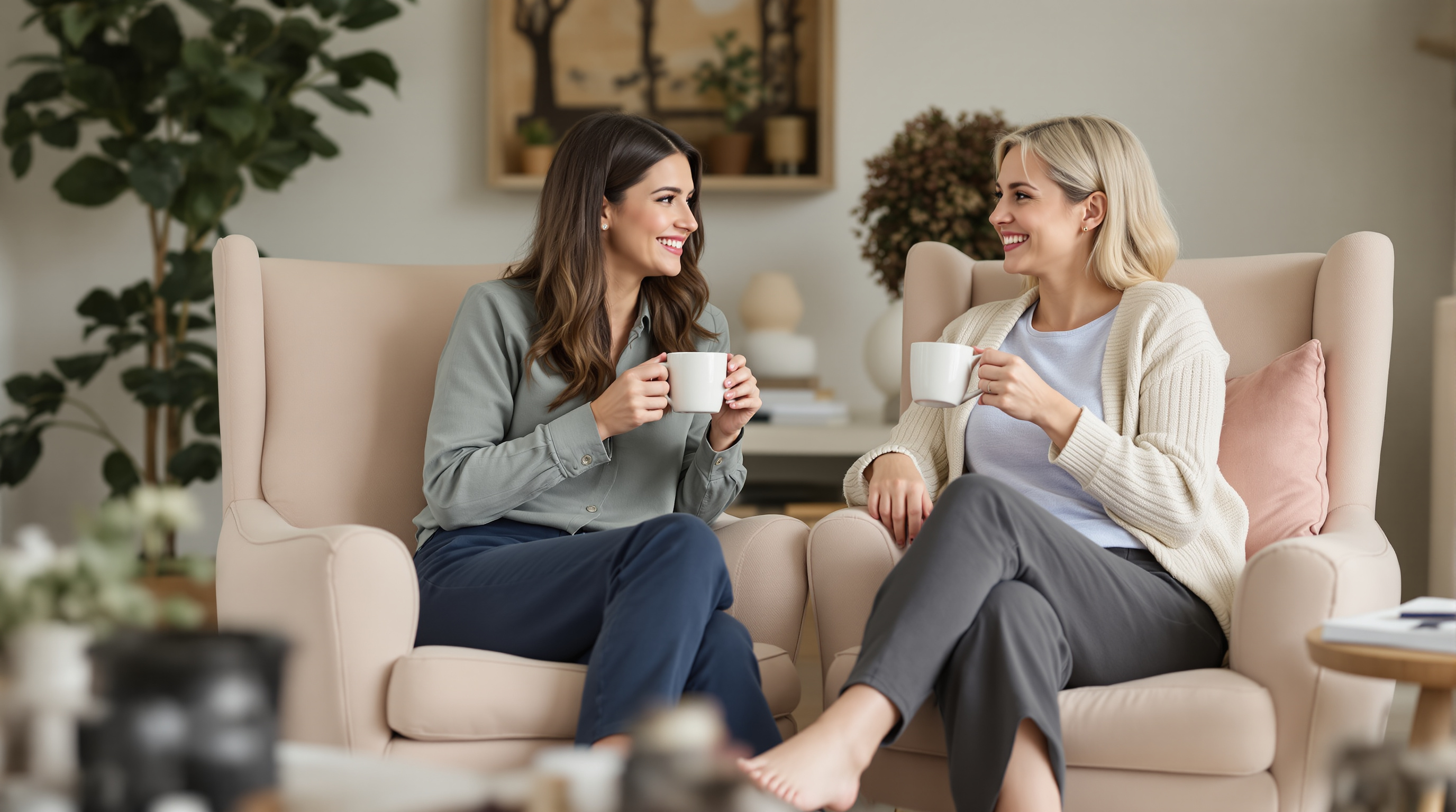 Two friends discuss the 503A bulks list over coffee in a bright living room