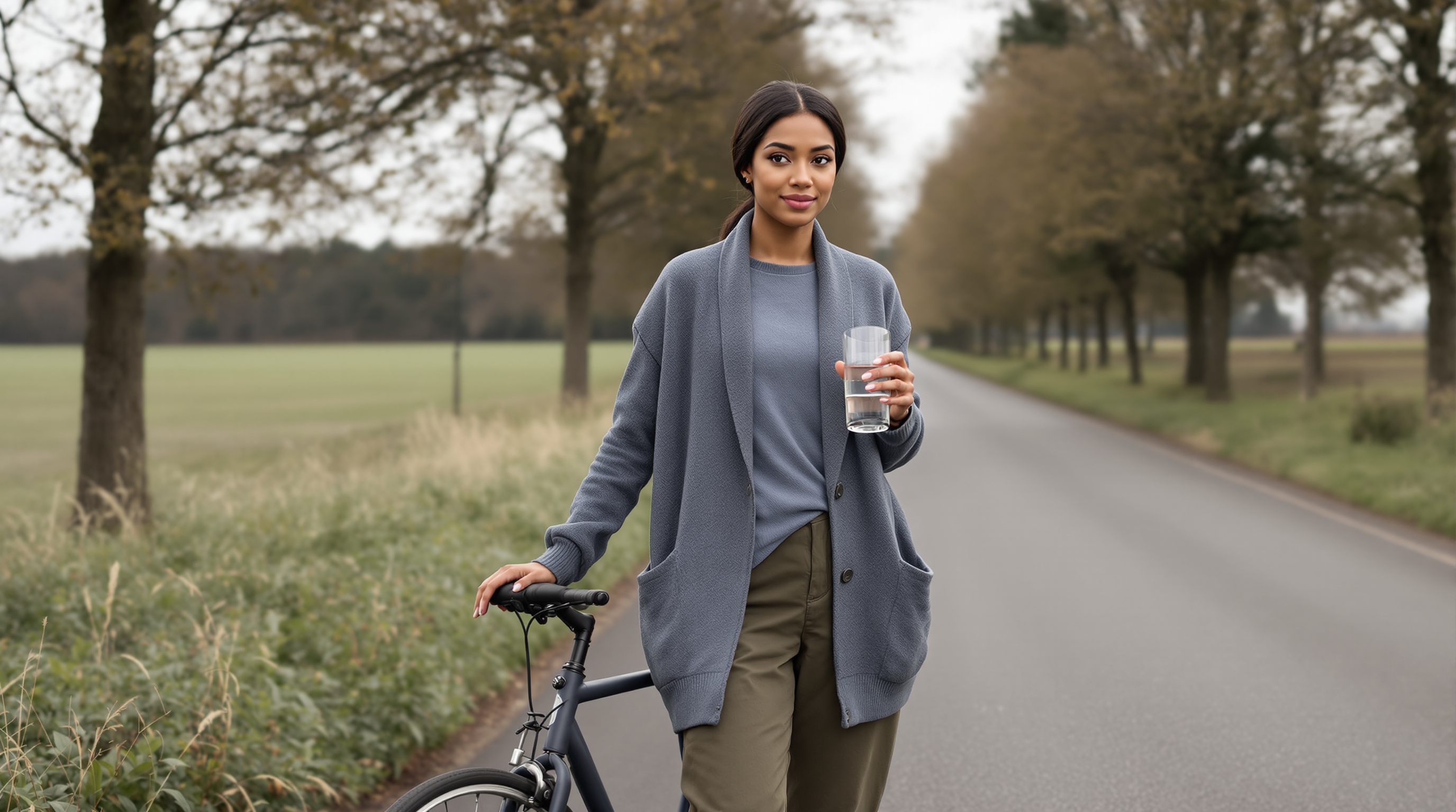 A woman stands beside a bicycle in a quiet lane with a glass of water