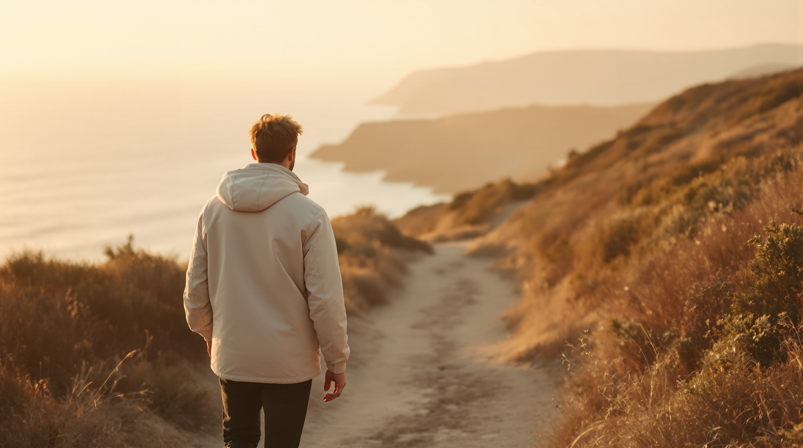 A man in a light jacket walking a coastal trail at sunrise, sea haze softening the cliffs ahead