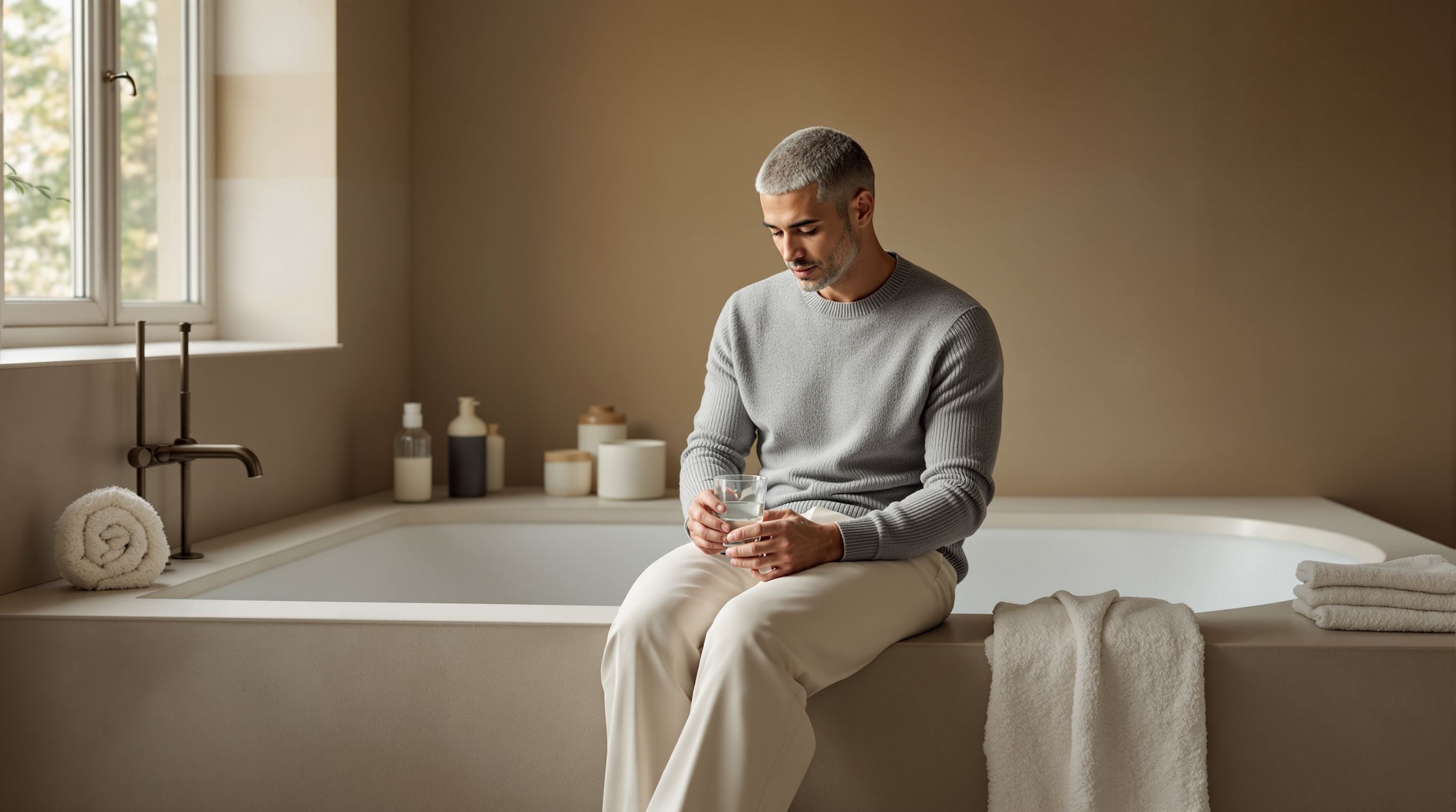 A man sits on the edge of a bath in a calm bathroom with a glass of water