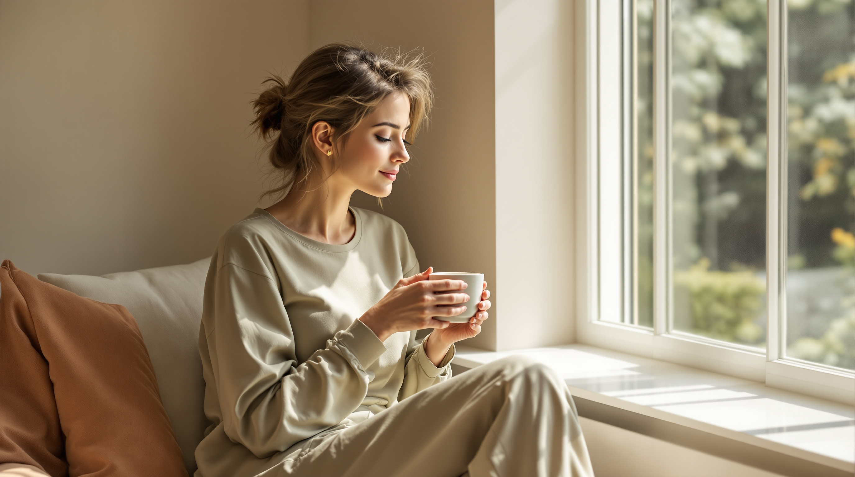 A woman rests with a ceramic mug in a quiet sunlit room