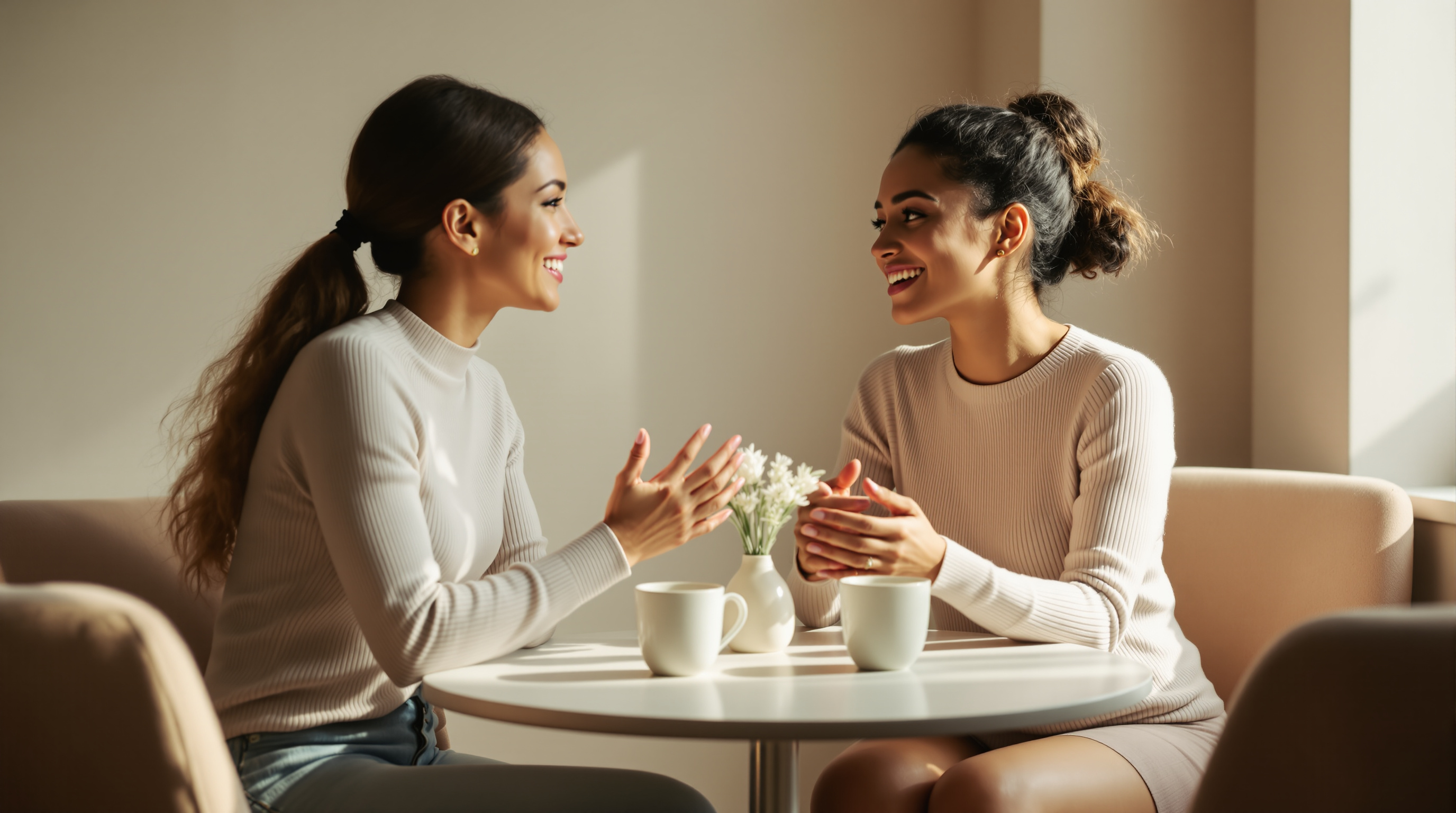 Two adults in fitted long-sleeve tops sit talking across a small table by a window in warm afternoon light