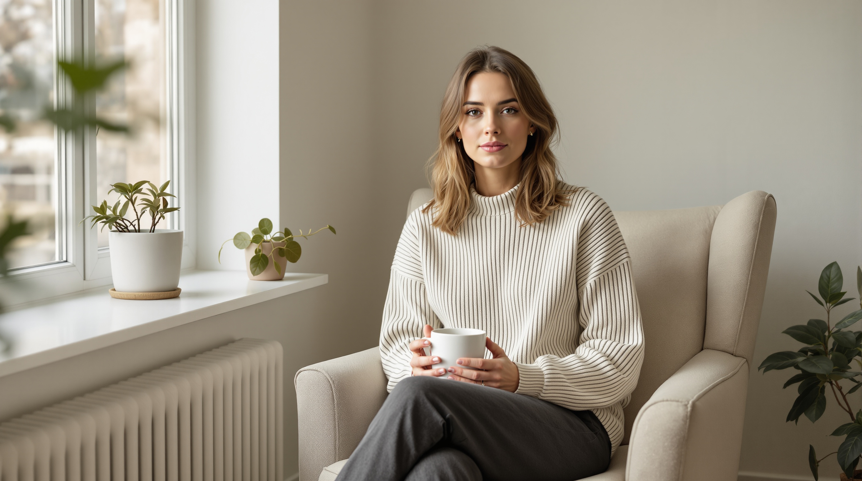 A woman sits in a linen armchair beside a window, holding a plain ceramic mug in both hands