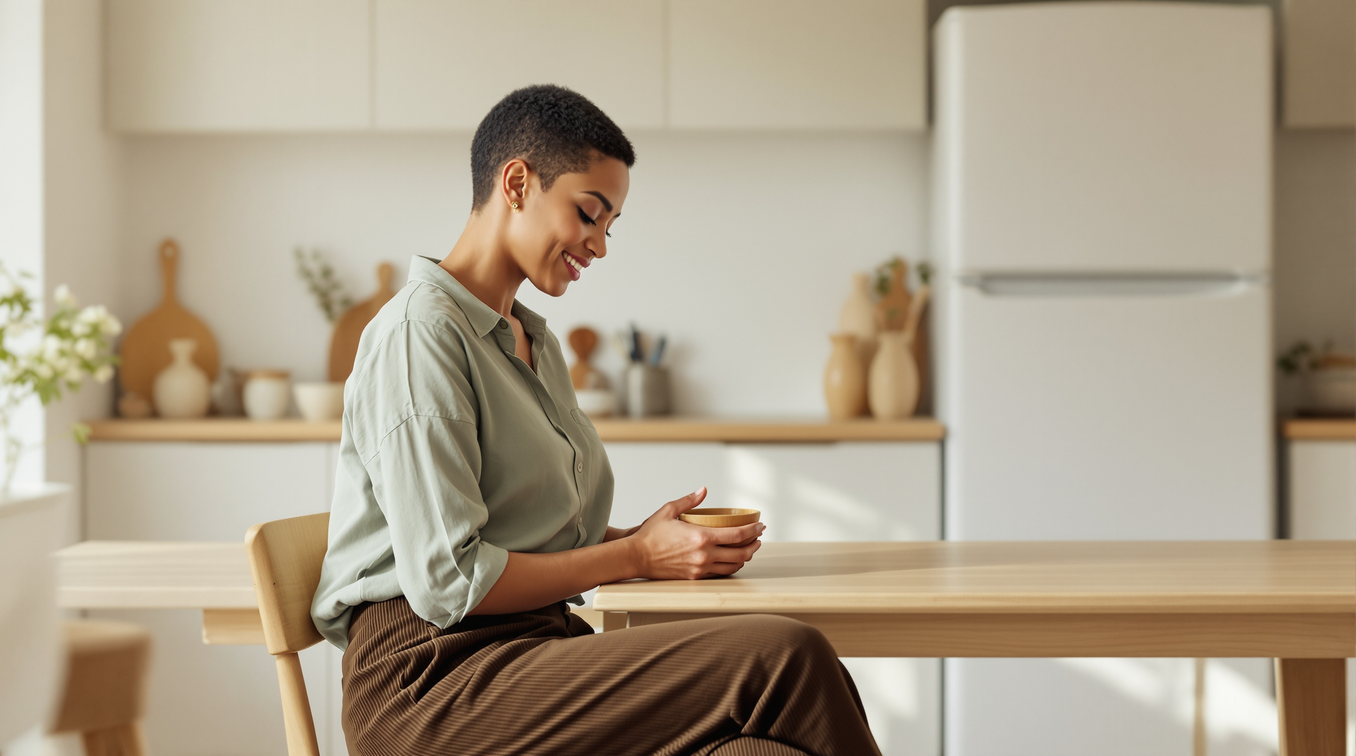 A woman sits at a plain kitchen table with a wooden bowl
