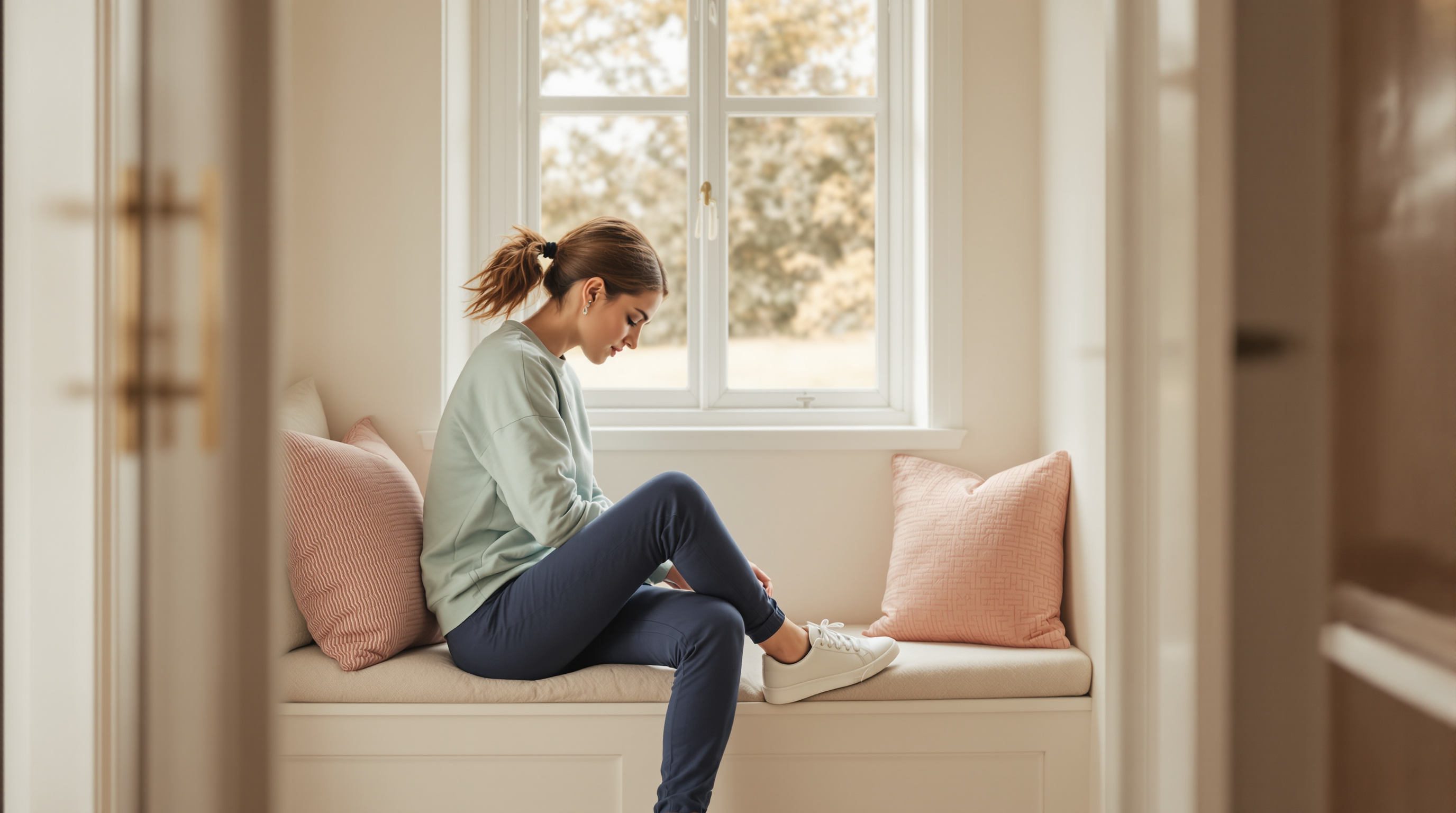 A woman in a sage sweatshirt and navy trousers sits on an entryway bench lacing a walking shoe