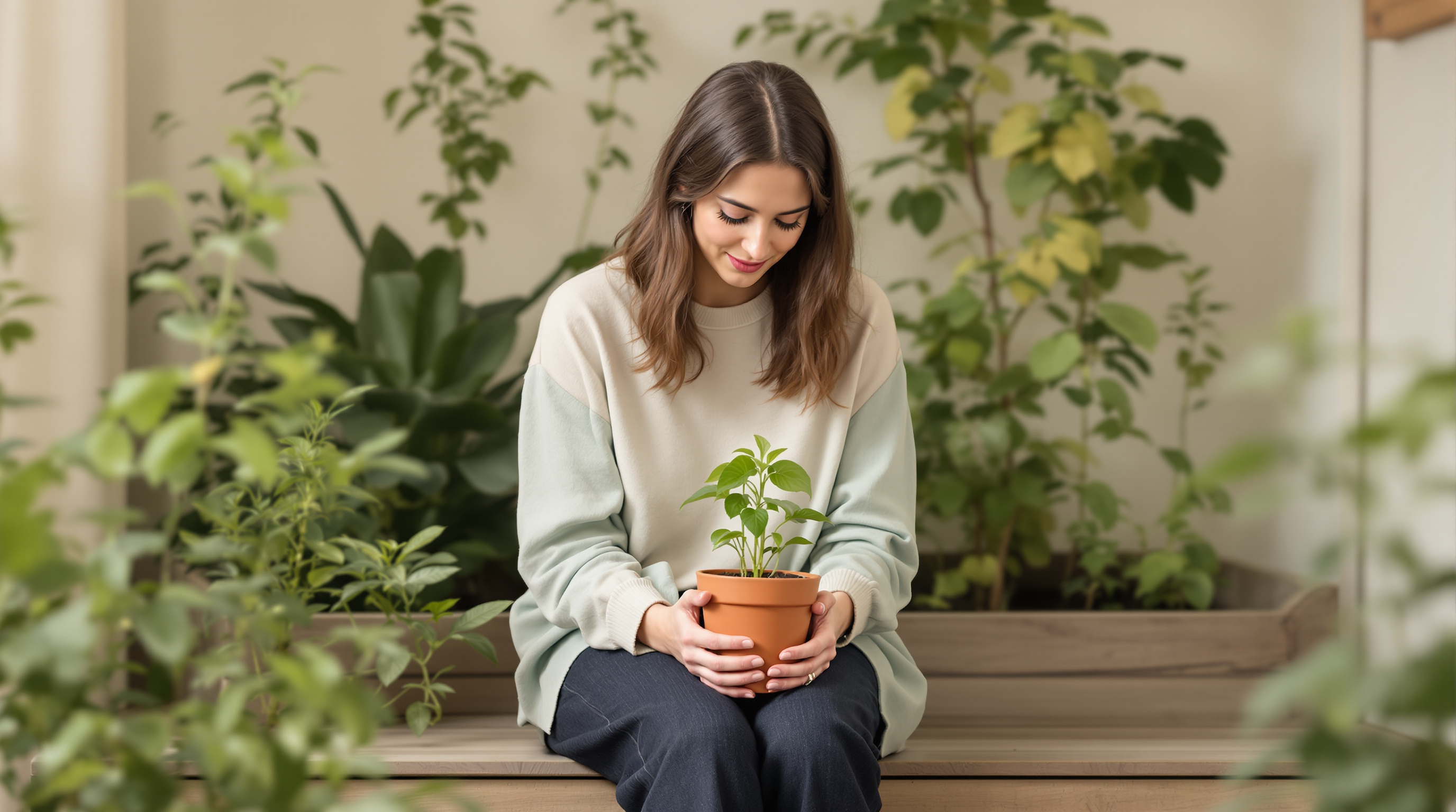 A woman seated beside a raised garden bed holds a small pot of seedlings in her lap