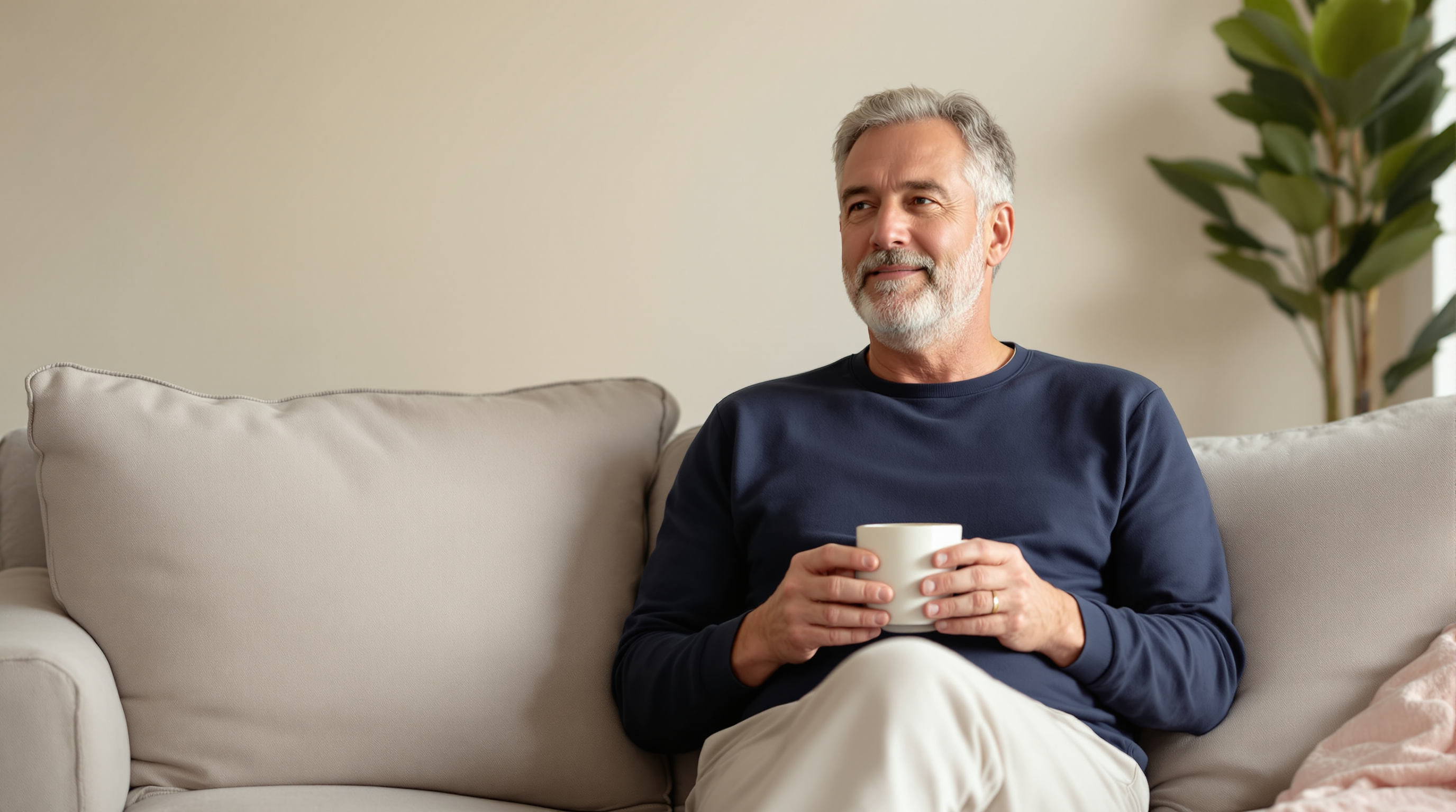 A man in a navy shirt and stone trousers rests on a linen sofa holding a plain mug