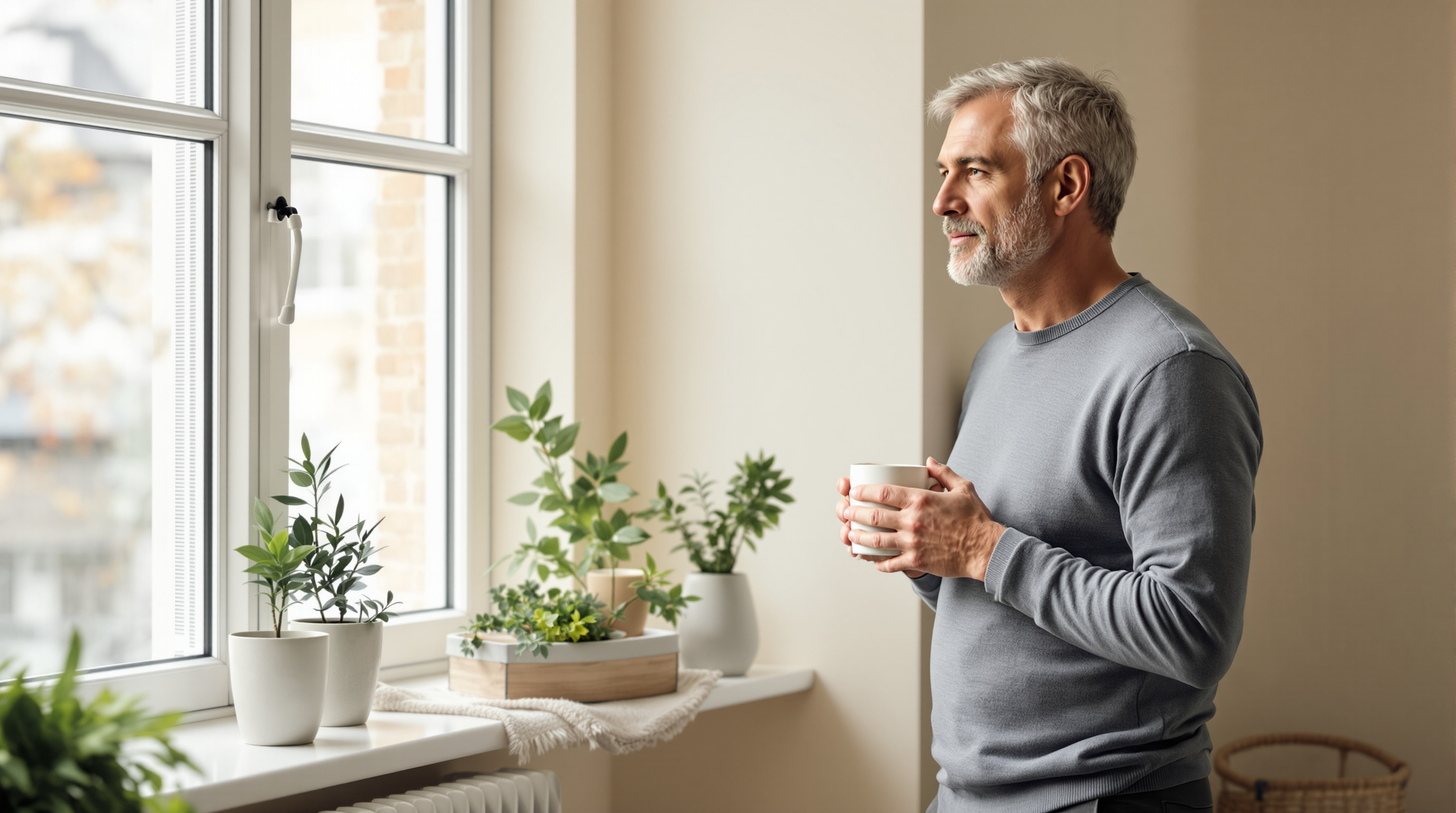 A man in a blue knit top stands by a windowsill holding a ceramic mug in morning light