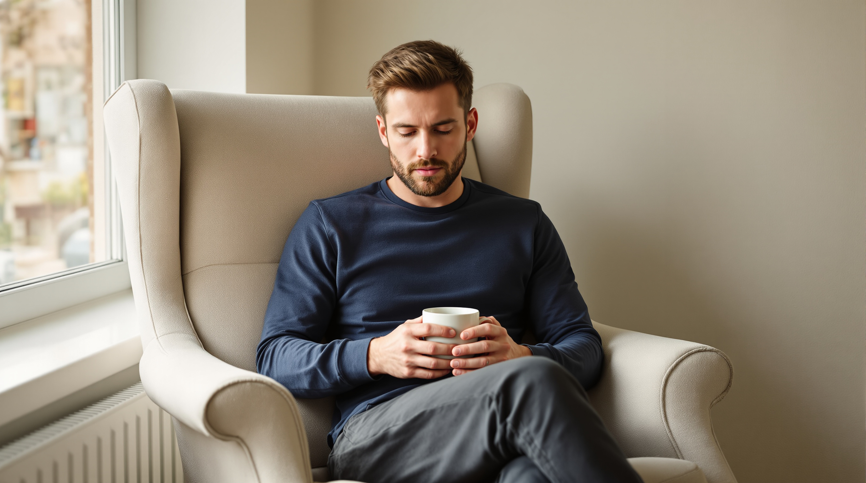 A man in a navy top and charcoal trousers sits by a windowsill holding a plain ceramic mug