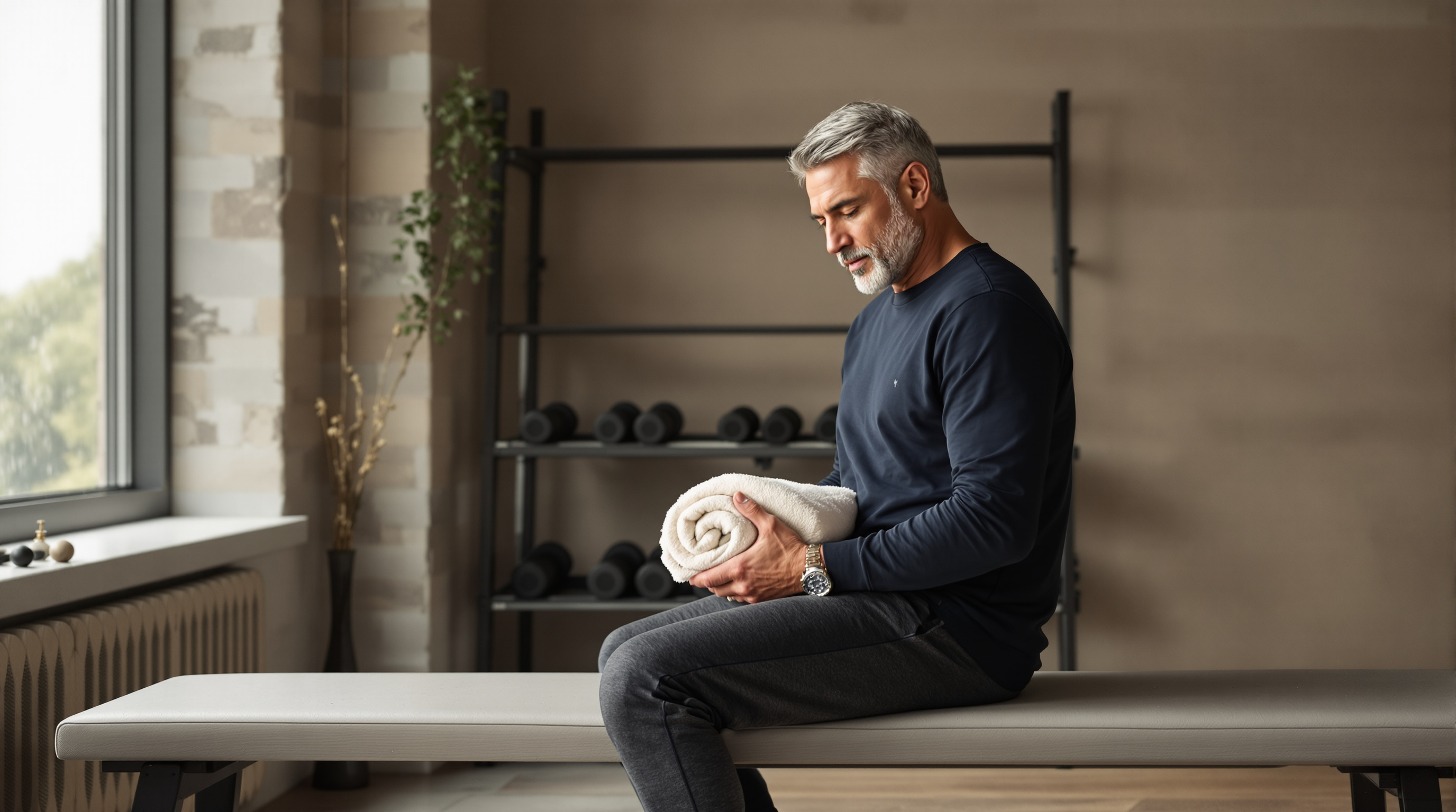 A man sits on a bench between sets in a quiet gym with a folded towel