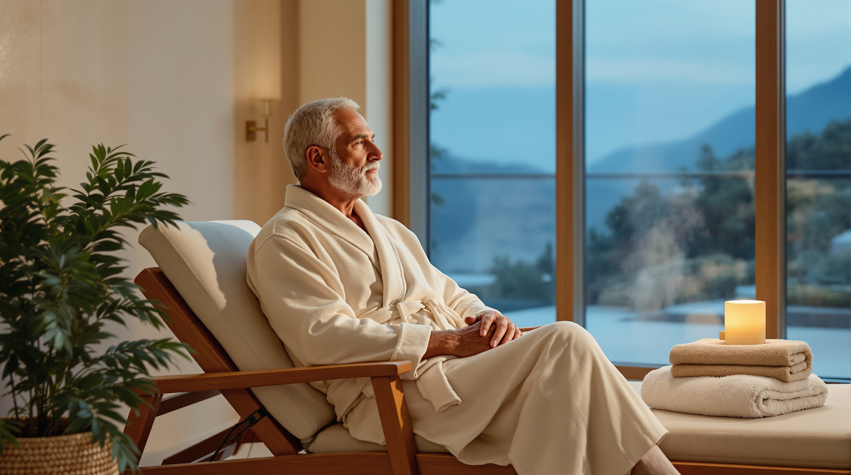A man sits on a lounger in a quiet spa with a folded towel
