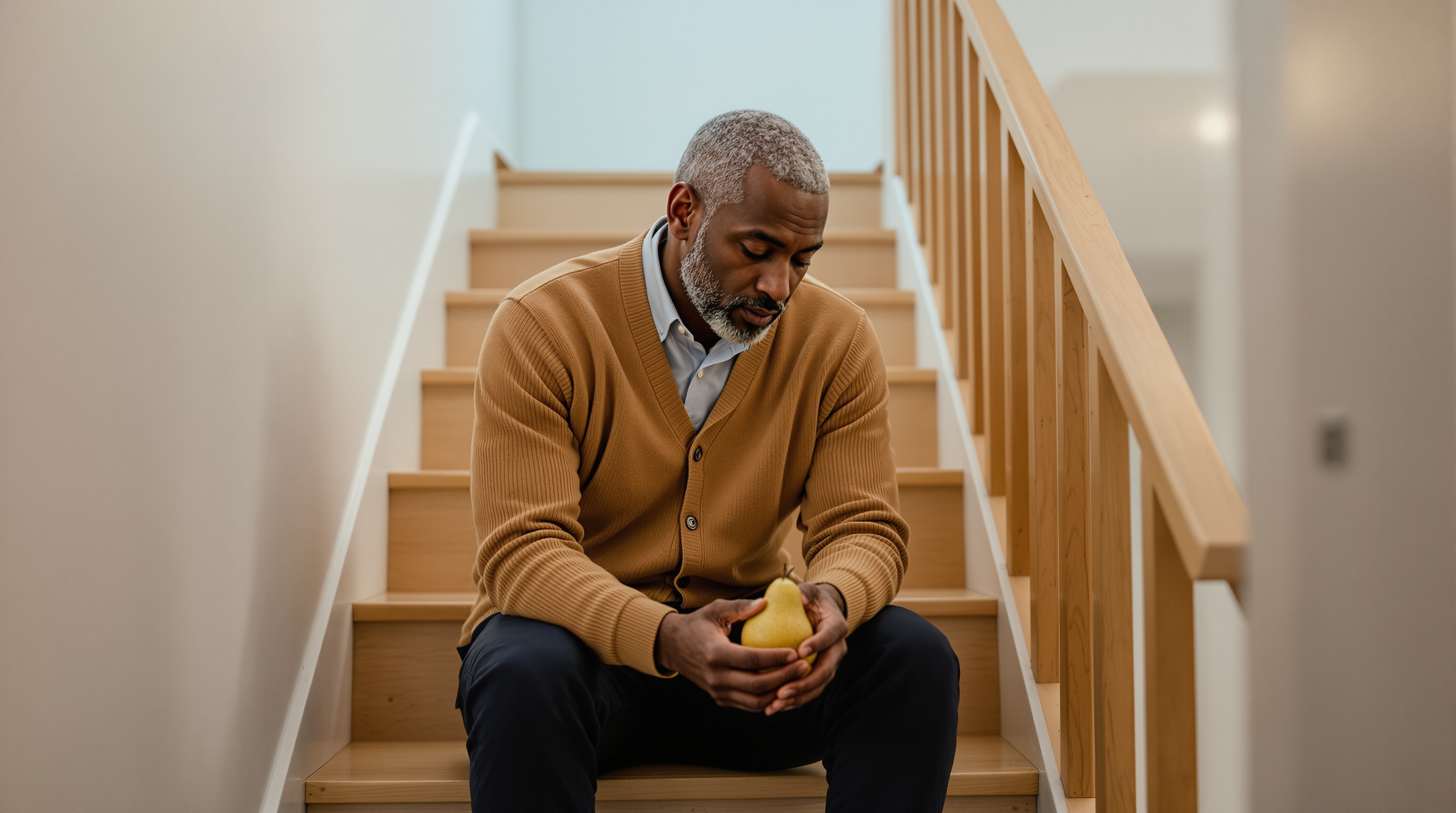 A man sits on the bottom step of a staircase holding a pear
