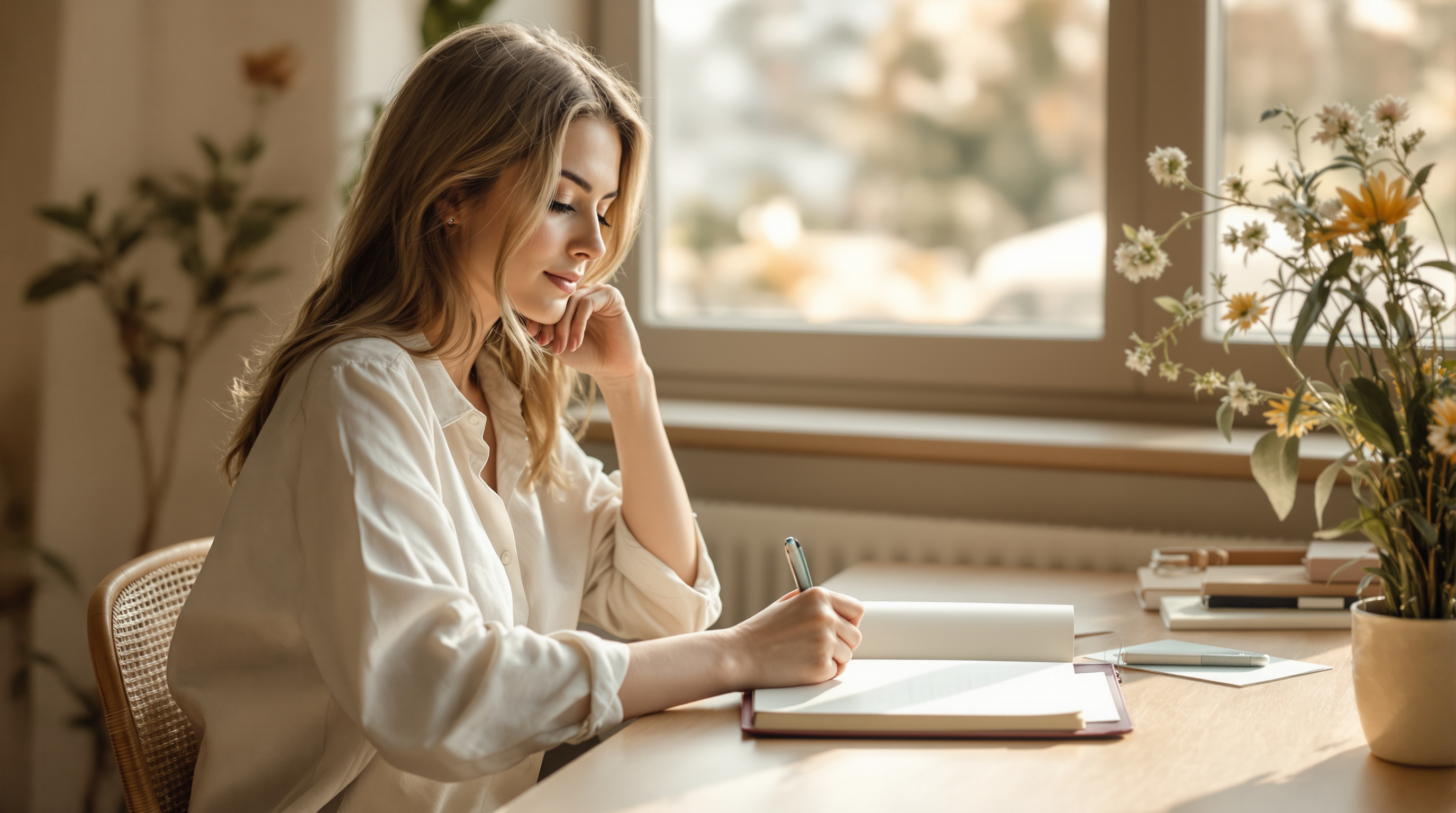 A woman pauses mid-thought over an open notebook at a wooden desk by a sunlit window