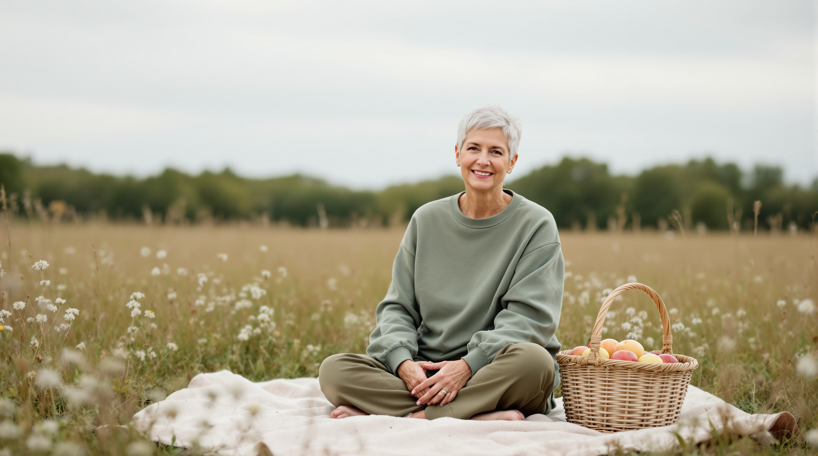 A woman sits on a blanket in a meadow beside a basket of apples