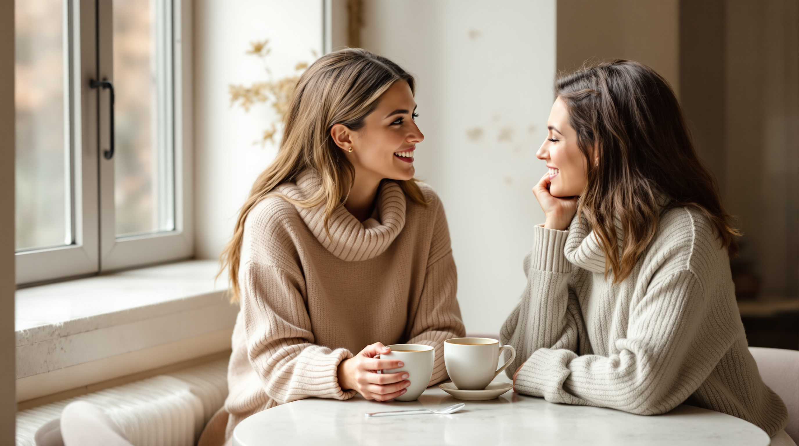 Two friends talking over coffee at a table by a window