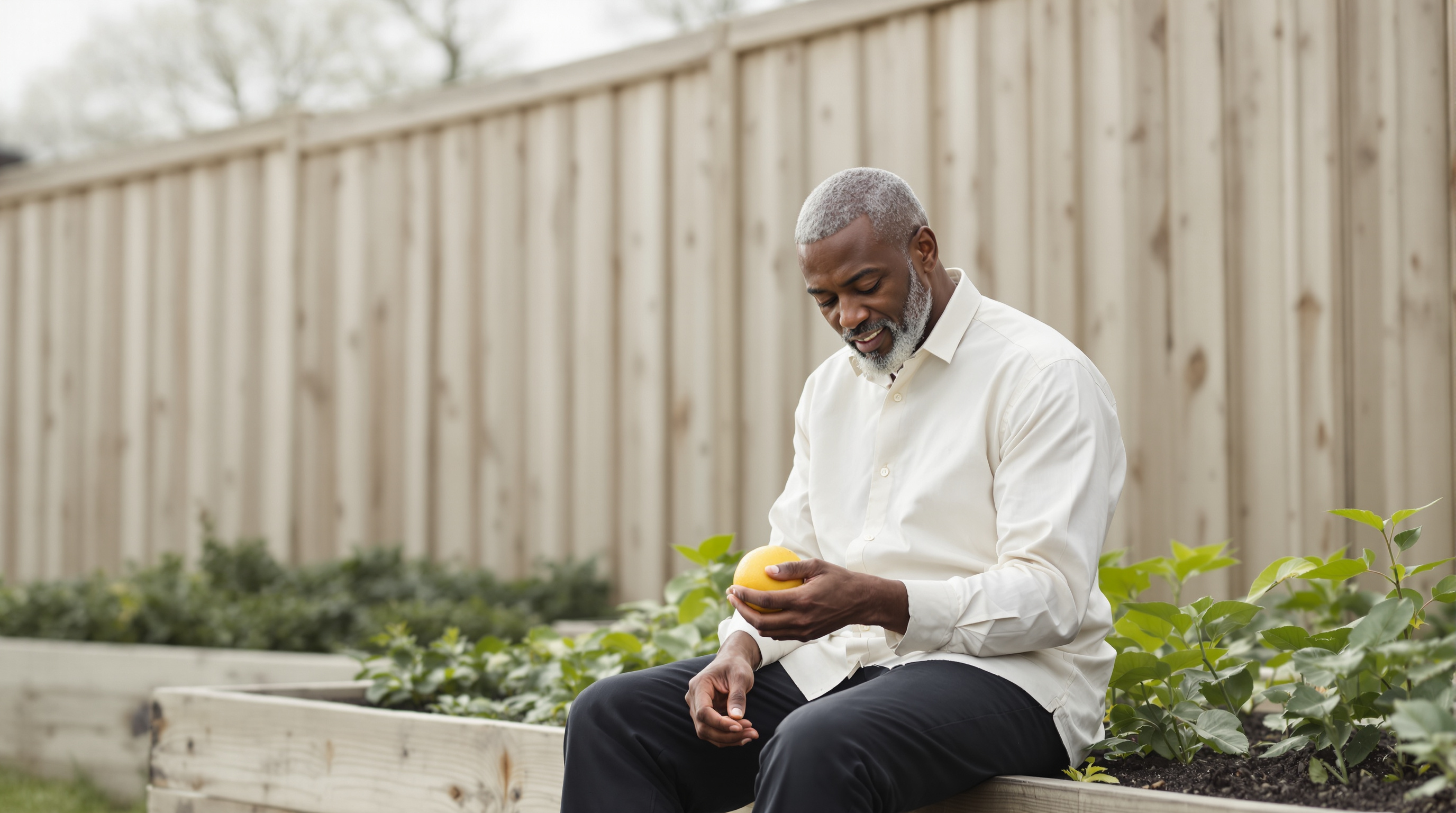 A man sits on the edge of a raised garden bed holding a lemon