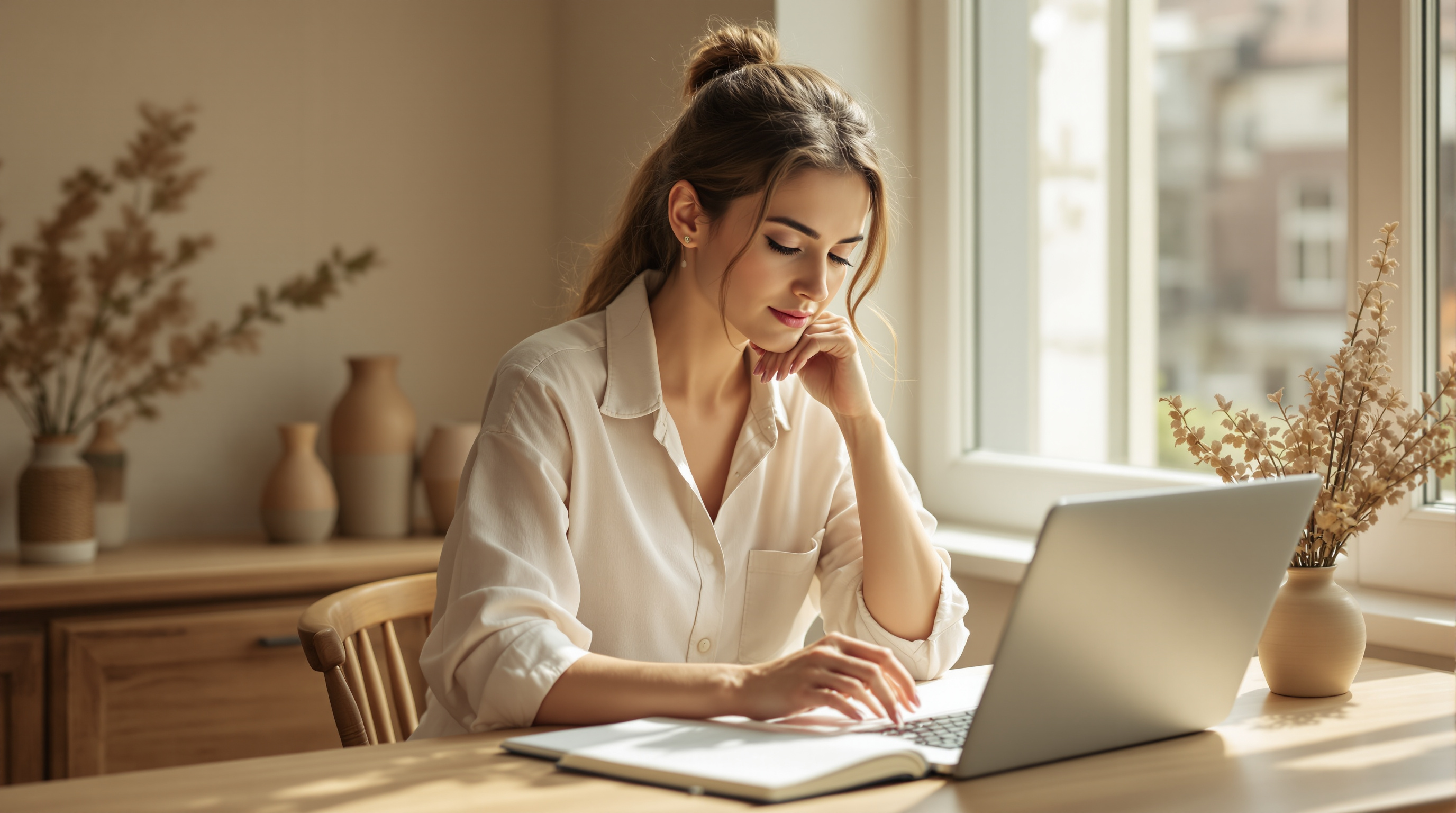 A woman reading at a warm wooden desk by a bright window, morning light