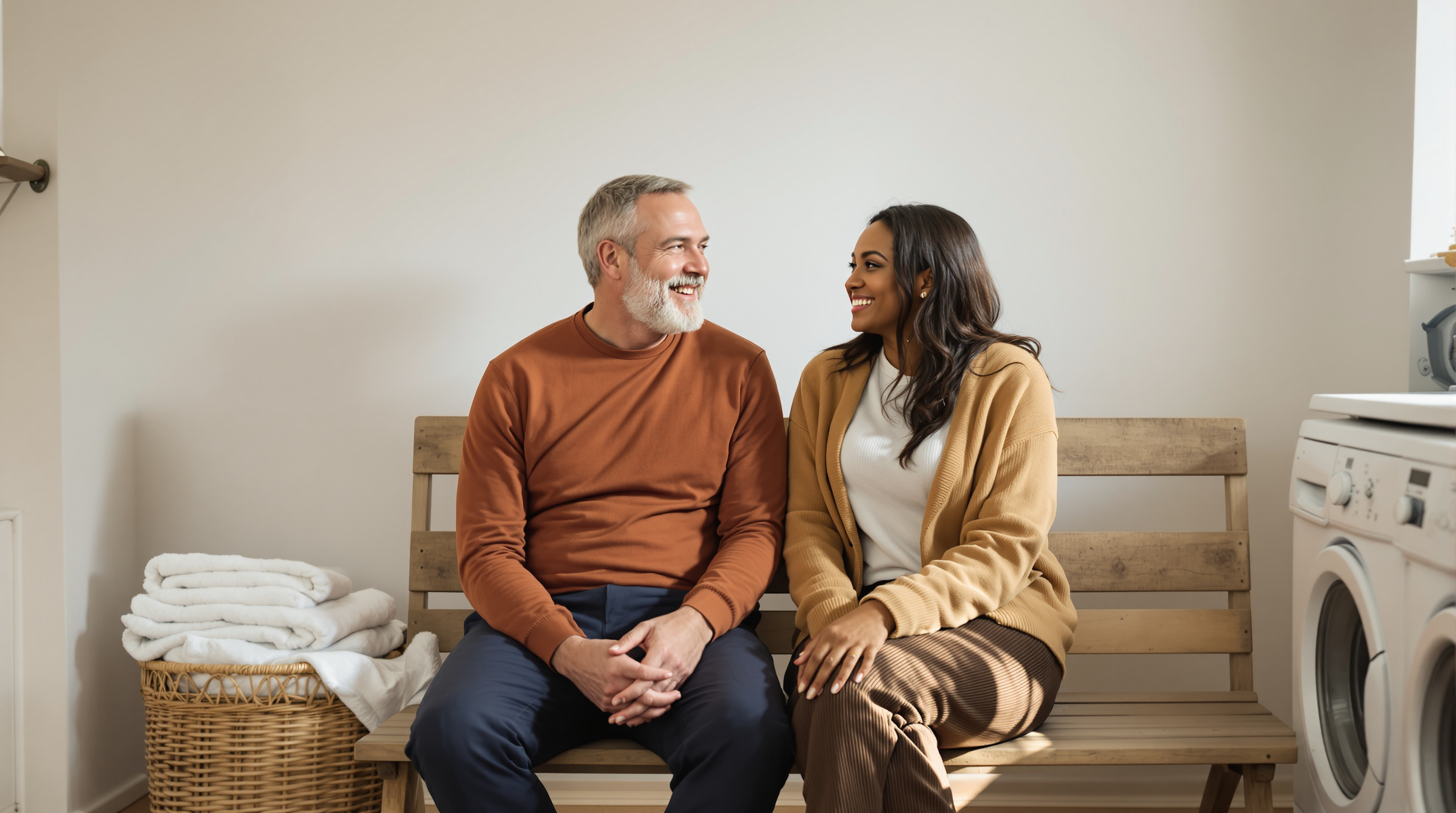 Two friends sit together on a bench in a utility room