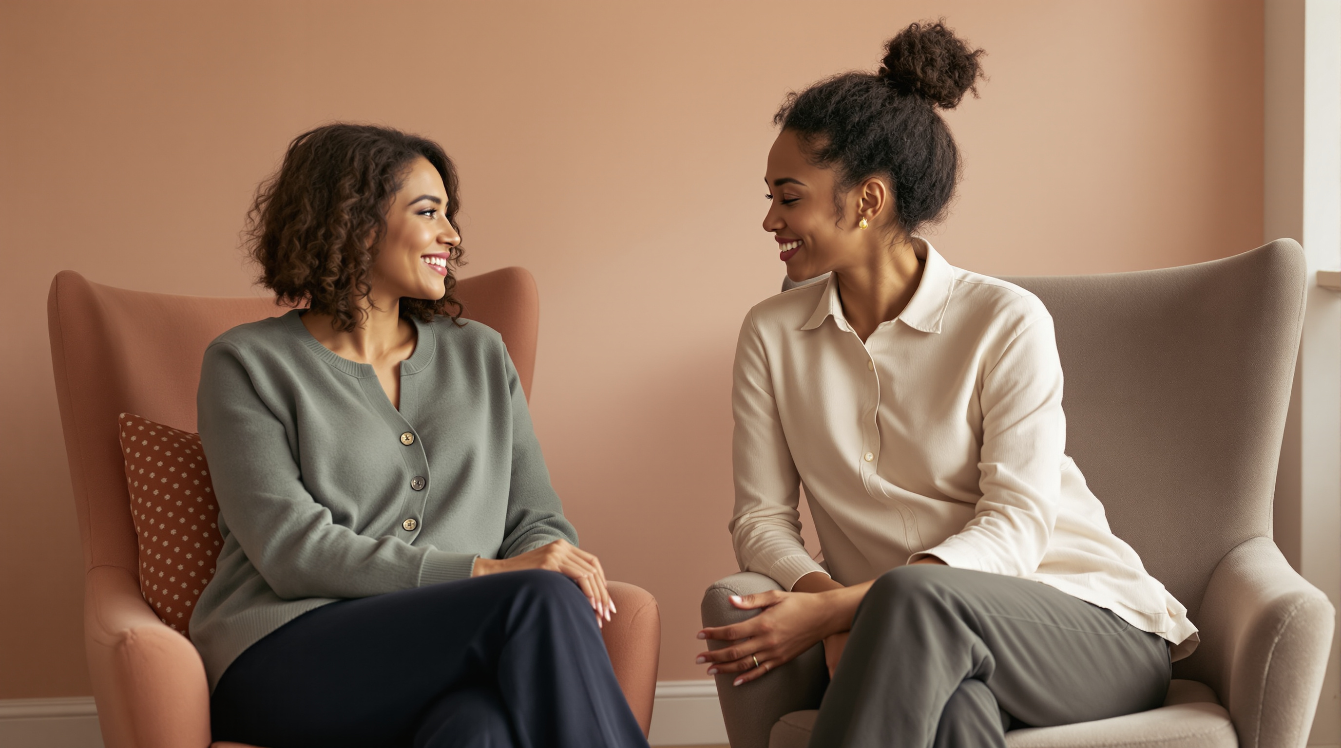 A woman in a cardigan and trousers talks calmly with a friend in a sunlit living room