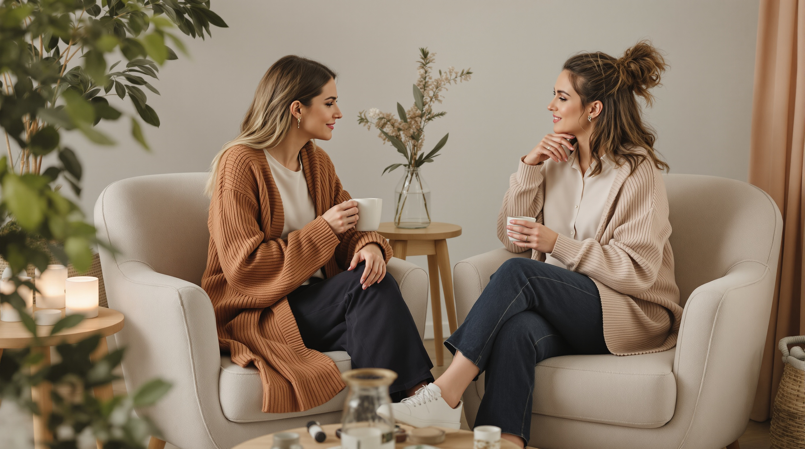 Two women talk over coffee in armchairs in a quiet living room