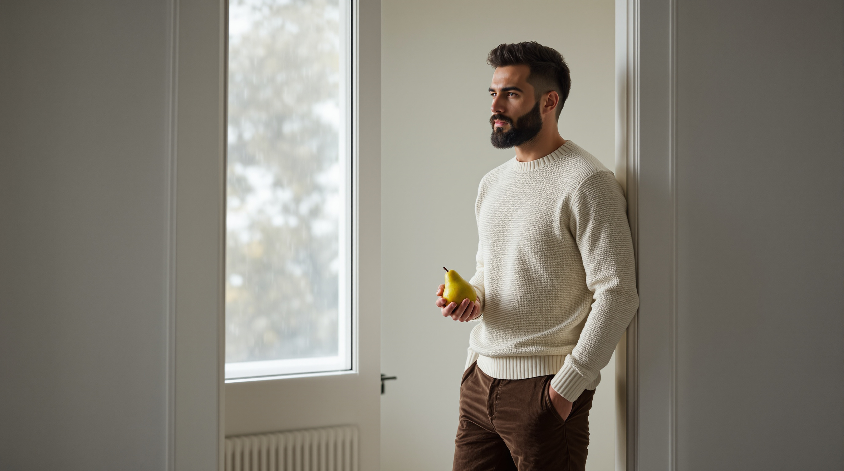 A man stands in an open doorway holding a pear