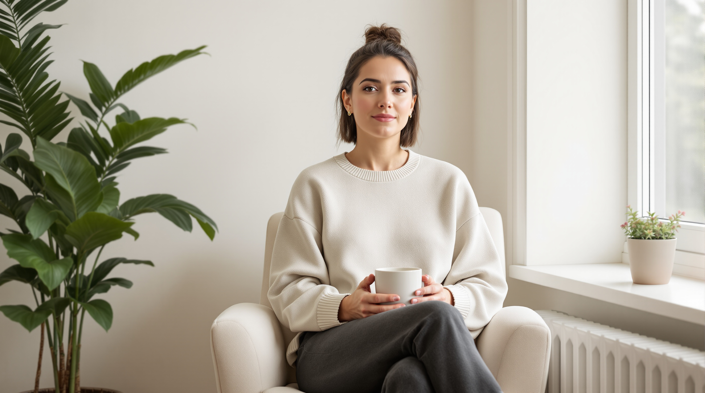 A woman sits in a linen armchair beside a bright window, a plain ceramic mug held in both hands
