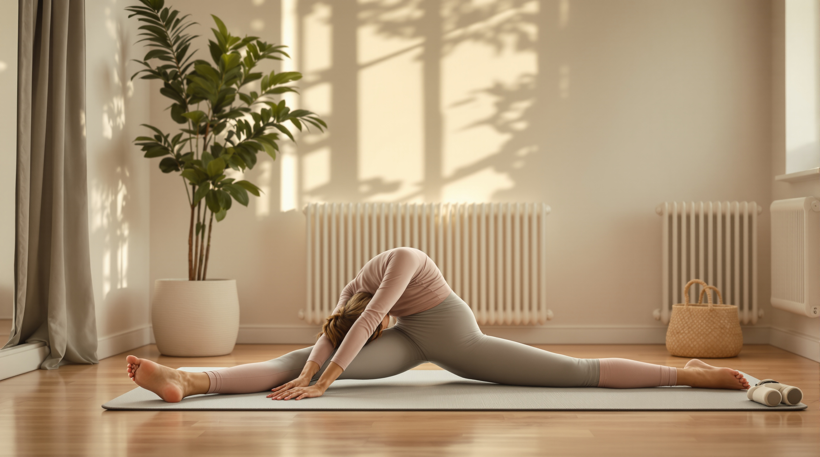 A woman stretches on a mat in a bright home studio with a warm wooden floor