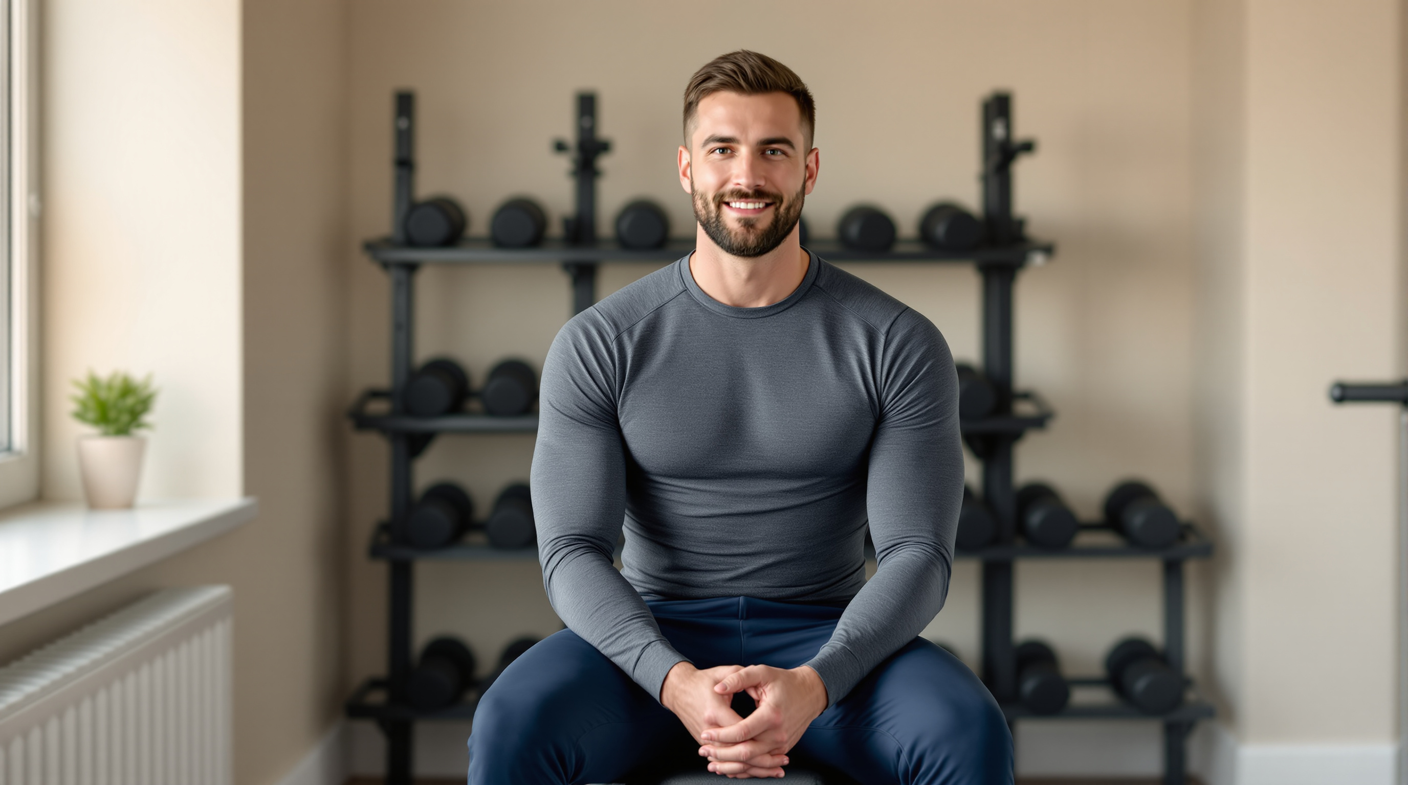 A man rests between strength sets on a gym bench with a dumbbell rack softly out of focus behind him