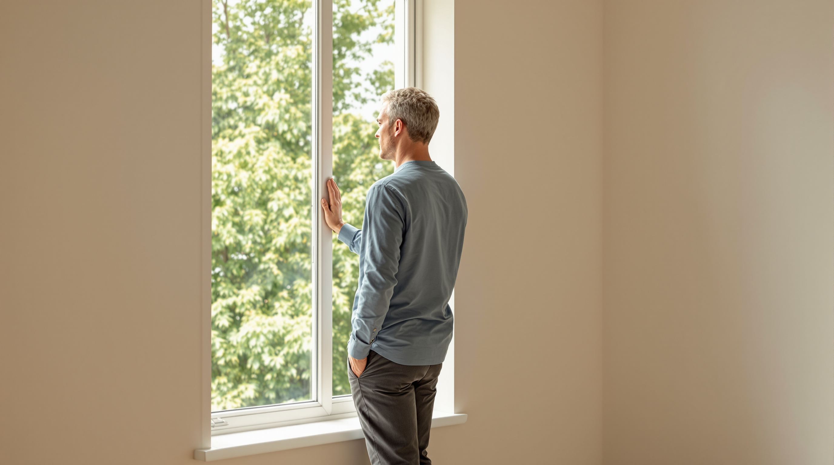 A man stands at a tall open window in the morning, one hand on the frame, looking out at the trees.
